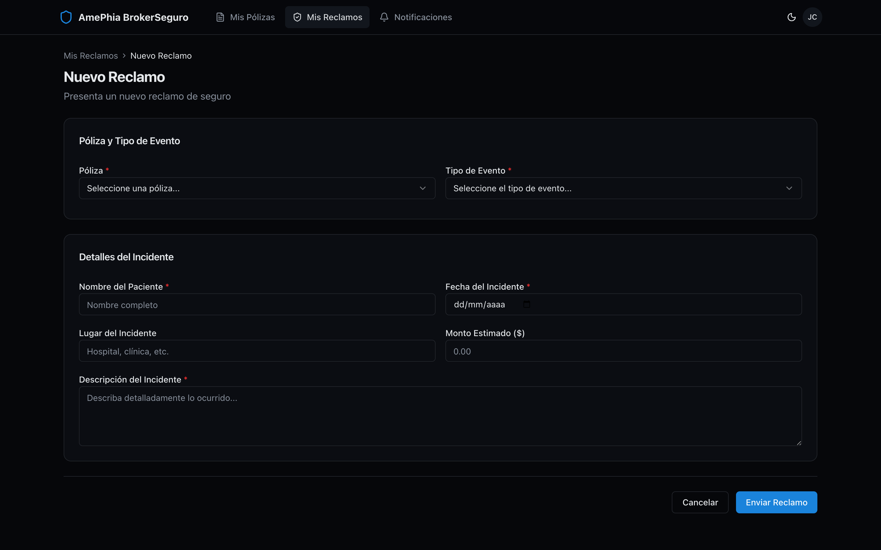 Portal — Crear Reclamo